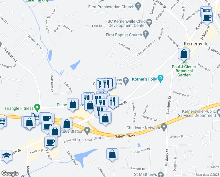 map of restaurants, bars, coffee shops, grocery stores, and more near 227 Southern Street in Kernersville