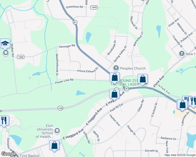 map of restaurants, bars, coffee shops, grocery stores, and more near 1685 Power Line Road in Elon