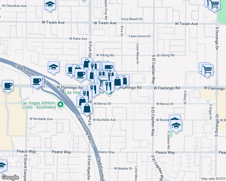 map of restaurants, bars, coffee shops, grocery stores, and more near 9355 West Flamingo Road in Las Vegas