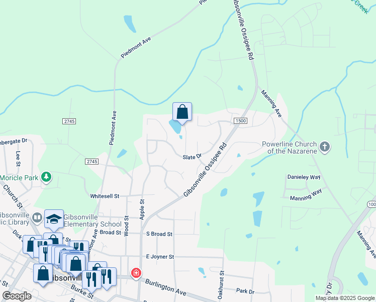 map of restaurants, bars, coffee shops, grocery stores, and more near 104 Claystone Drive in Gibsonville