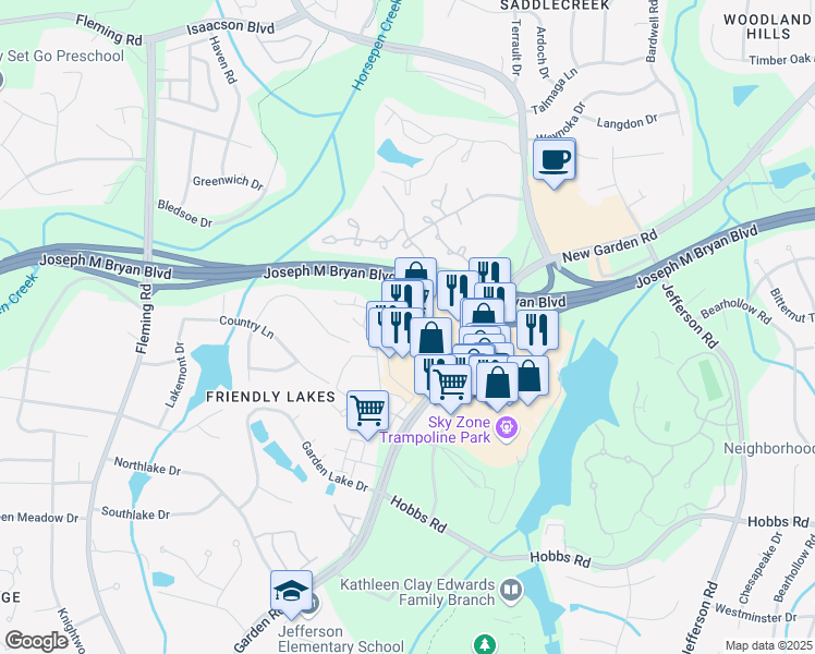 map of restaurants, bars, coffee shops, grocery stores, and more near 1581 New Garden Road in Greensboro