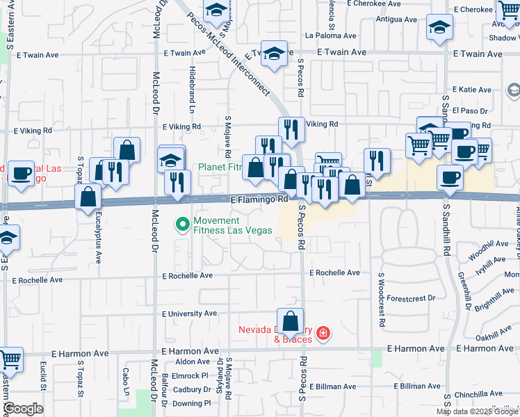 map of restaurants, bars, coffee shops, grocery stores, and more near 3253 East Flamingo Road in Las Vegas