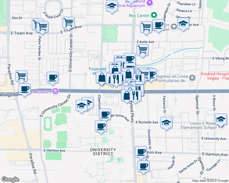 map of restaurants, bars, coffee shops, grocery stores, and more near 1061 East Flamingo Road in Las Vegas