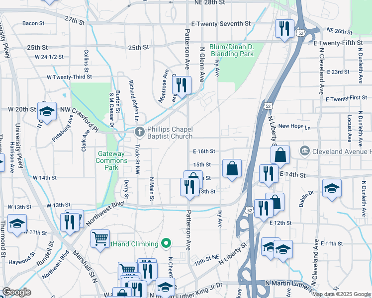map of restaurants, bars, coffee shops, grocery stores, and more near 1514 Patterson Avenue in Winston-Salem