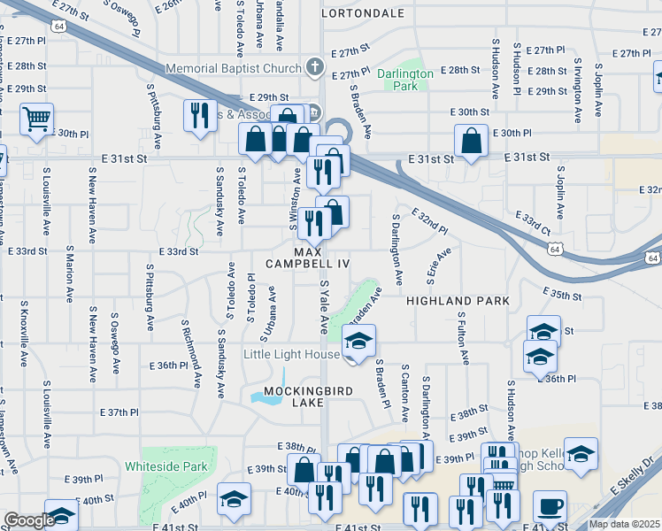 map of restaurants, bars, coffee shops, grocery stores, and more near 3321 South Yale Avenue in Tulsa
