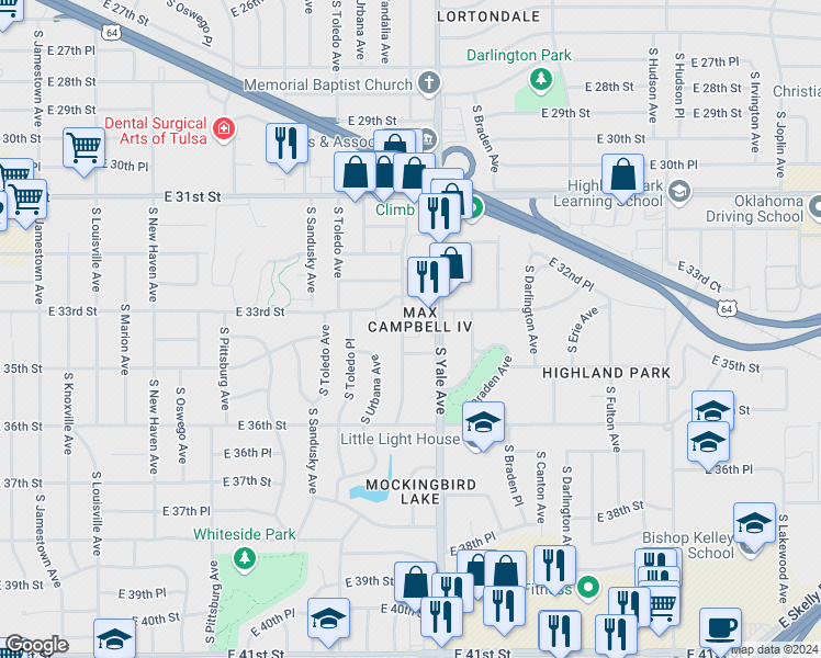 map of restaurants, bars, coffee shops, grocery stores, and more near 4809 East 35th Street in Tulsa