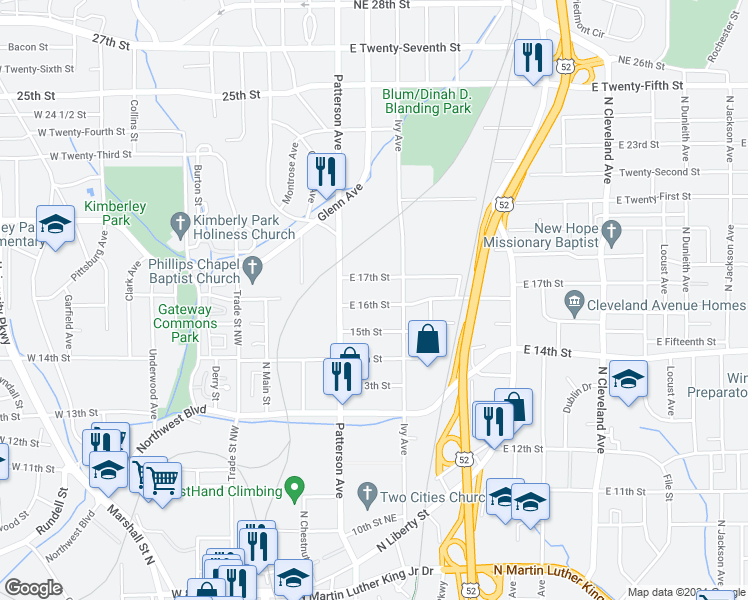map of restaurants, bars, coffee shops, grocery stores, and more near 323 East 16th Street in Winston-Salem