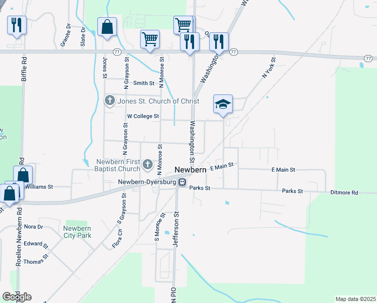 map of restaurants, bars, coffee shops, grocery stores, and more near 117 Washington Street in Newbern