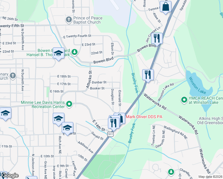 map of restaurants, bars, coffee shops, grocery stores, and more near 1449 Douglas Street in Winston-Salem