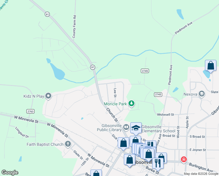 map of restaurants, bars, coffee shops, grocery stores, and more near 813 Lee Street in Gibsonville