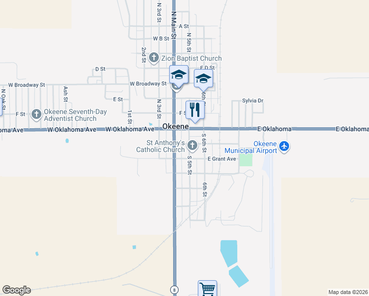 map of restaurants, bars, coffee shops, grocery stores, and more near 218 South 5th Street in Okeene
