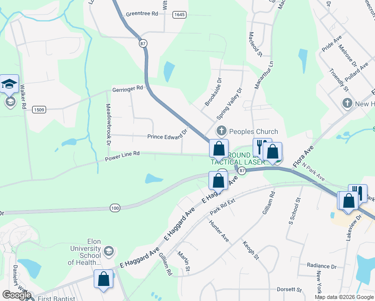 map of restaurants, bars, coffee shops, grocery stores, and more near 1685 Power Line Road in Elon