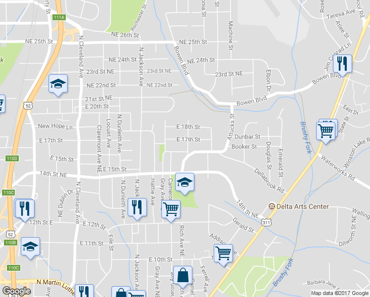 map of restaurants, bars, coffee shops, grocery stores, and more near 1606 Shady Mount Avenue Northeast in Winston-Salem