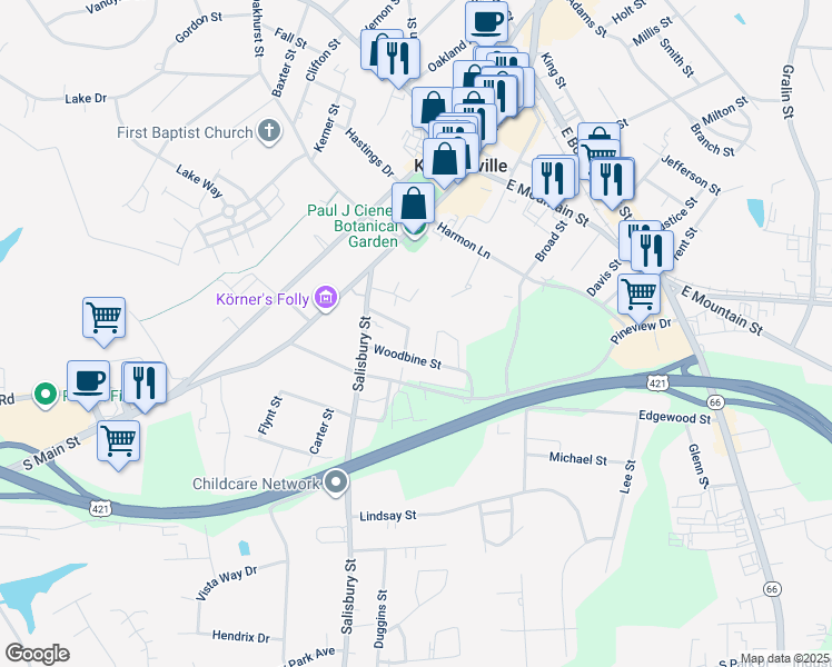 map of restaurants, bars, coffee shops, grocery stores, and more near Partridge Lane in Kernersville