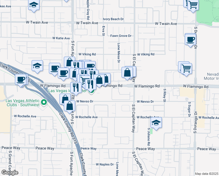 map of restaurants, bars, coffee shops, grocery stores, and more near 9173 West Flamingo Road in Las Vegas