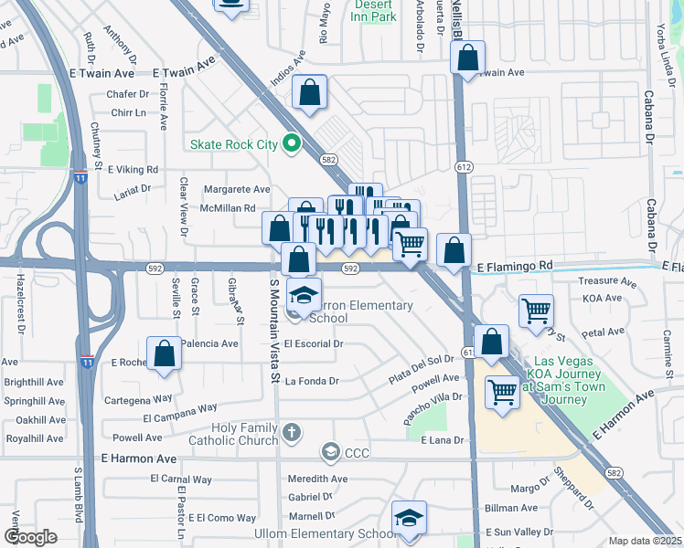 map of restaurants, bars, coffee shops, grocery stores, and more near 4745 East Flamingo Road in Las Vegas