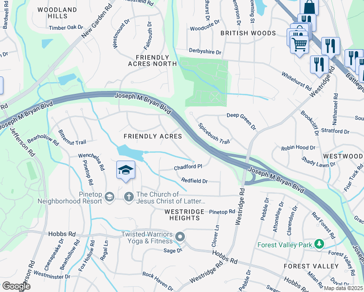 map of restaurants, bars, coffee shops, grocery stores, and more near 3612 Gainsboro Drive in Greensboro