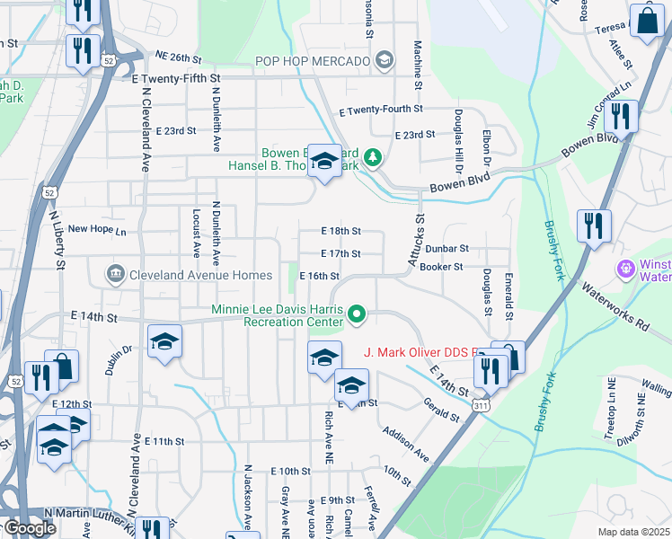 map of restaurants, bars, coffee shops, grocery stores, and more near 1606 Shady Mount Avenue Northeast in Winston-Salem