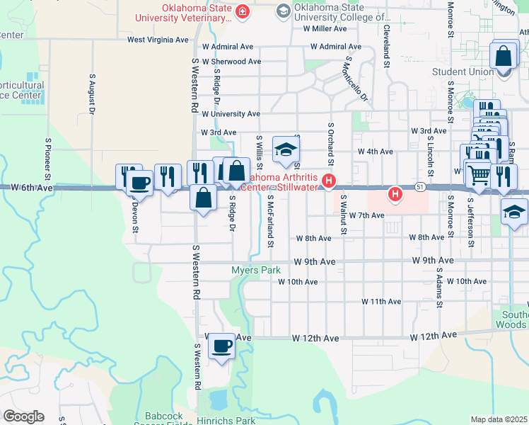 map of restaurants, bars, coffee shops, grocery stores, and more near 706 South McFarland Street in Stillwater