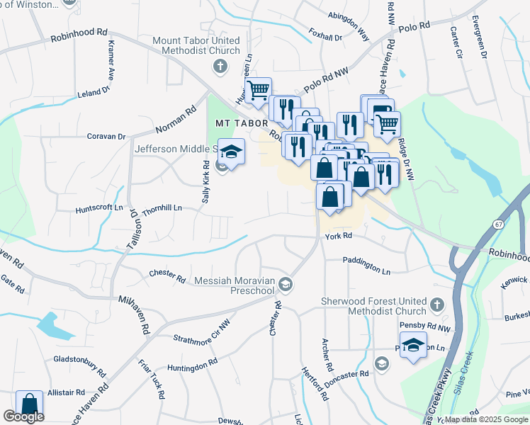 map of restaurants, bars, coffee shops, grocery stores, and more near 3502 Kittery Court in Winston-Salem