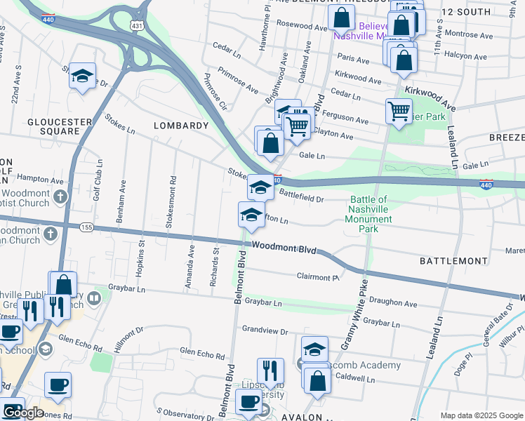 map of restaurants, bars, coffee shops, grocery stores, and more near 3404 Belmont Boulevard in Nashville