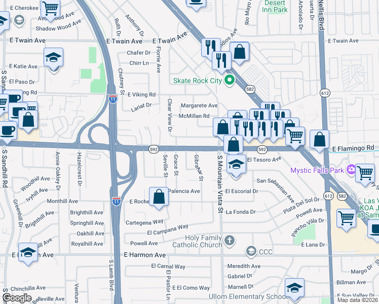 map of restaurants, bars, coffee shops, grocery stores, and more near 4154 Grace Street in Las Vegas