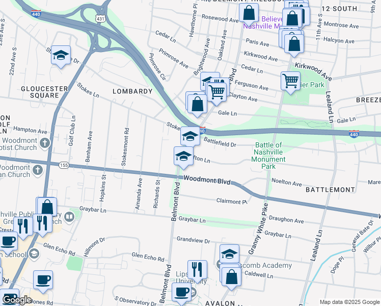 map of restaurants, bars, coffee shops, grocery stores, and more near 3404 Belmont Boulevard in Nashville