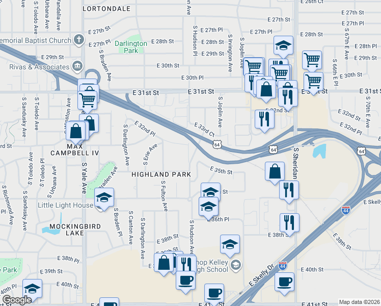 map of restaurants, bars, coffee shops, grocery stores, and more near 3259 South Hudson Avenue in Tulsa