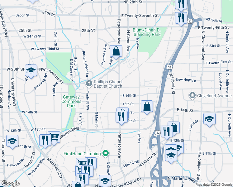 map of restaurants, bars, coffee shops, grocery stores, and more near 1514 Patterson Avenue in Winston-Salem