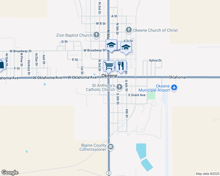 map of restaurants, bars, coffee shops, grocery stores, and more near 220 South Main Street in Okeene