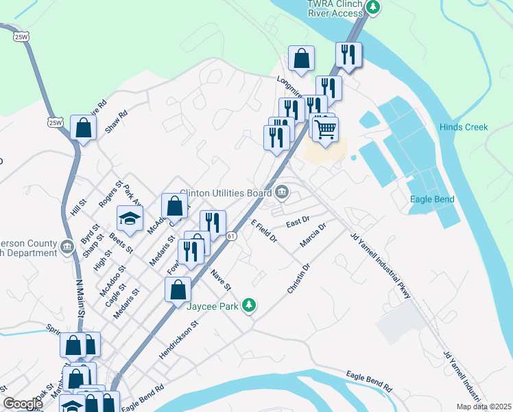 map of restaurants, bars, coffee shops, grocery stores, and more near 1001 North Charles G Seivers Boulevard in Clinton