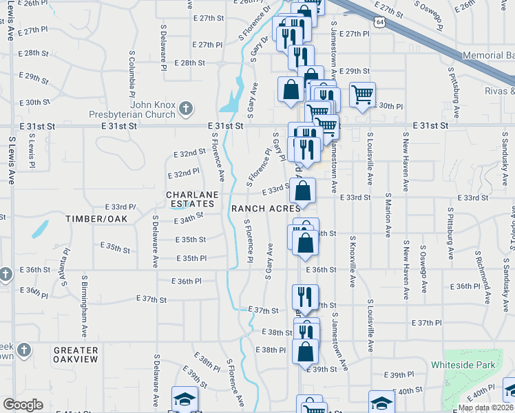 map of restaurants, bars, coffee shops, grocery stores, and more near 3150 East 34th Street in Tulsa