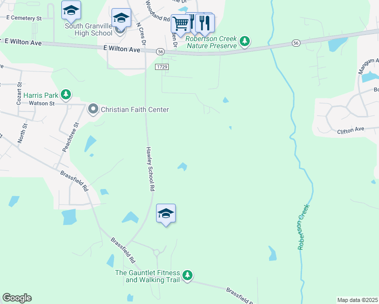 map of restaurants, bars, coffee shops, grocery stores, and more near 1700 Hawley School Road in Creedmoor