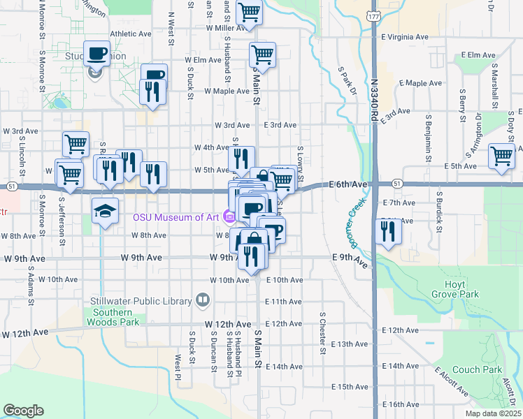 map of restaurants, bars, coffee shops, grocery stores, and more near 623 South Main Street in Stillwater