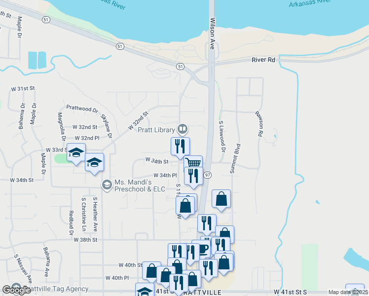 map of restaurants, bars, coffee shops, grocery stores, and more near 3301 South 113th West Avenue in Sand Springs