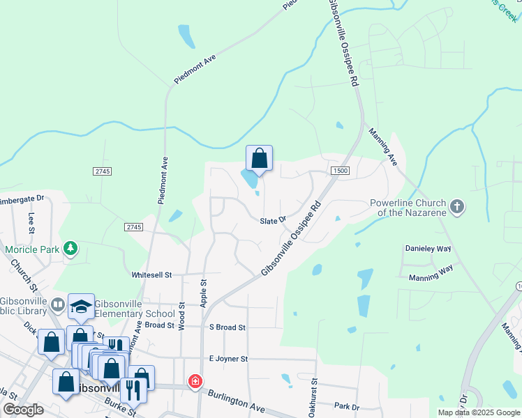 map of restaurants, bars, coffee shops, grocery stores, and more near 107 Claystone Drive in Gibsonville
