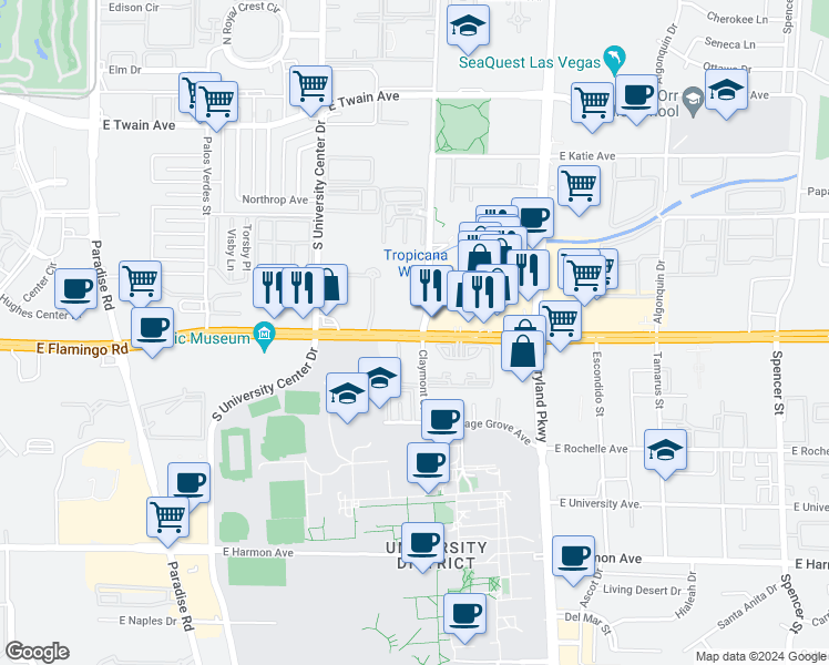 map of restaurants, bars, coffee shops, grocery stores, and more near 970 East Flamingo Road in Las Vegas