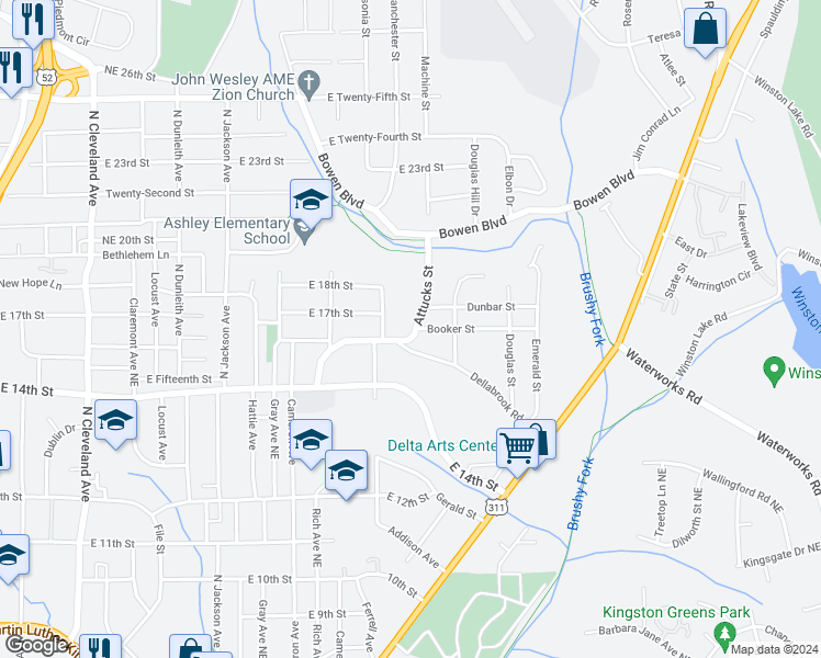 map of restaurants, bars, coffee shops, grocery stores, and more near 1416 Attucks Street in Winston-Salem