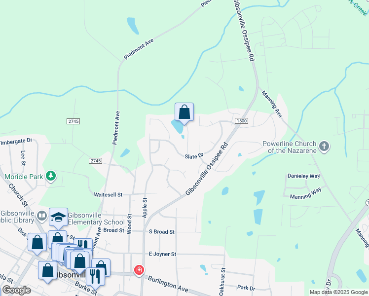 map of restaurants, bars, coffee shops, grocery stores, and more near 107 Claystone Drive in Gibsonville