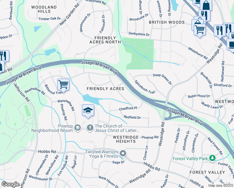 map of restaurants, bars, coffee shops, grocery stores, and more near 3617 Gainsboro Drive in Greensboro