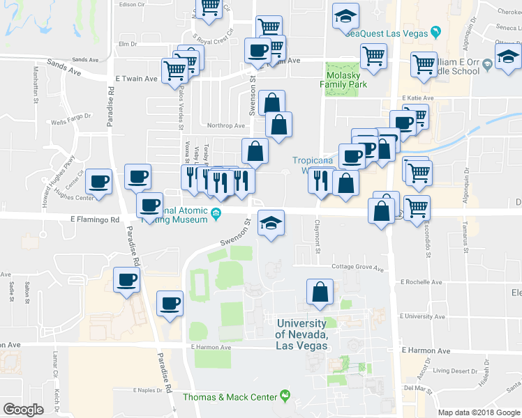 map of restaurants, bars, coffee shops, grocery stores, and more near 838 East Flamingo Road in Las Vegas