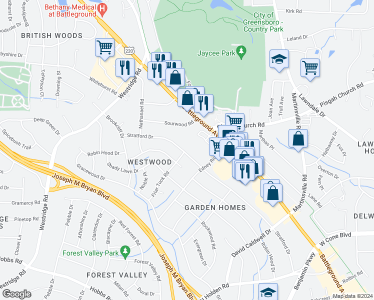 map of restaurants, bars, coffee shops, grocery stores, and more near 2914 Stratford Drive in Greensboro