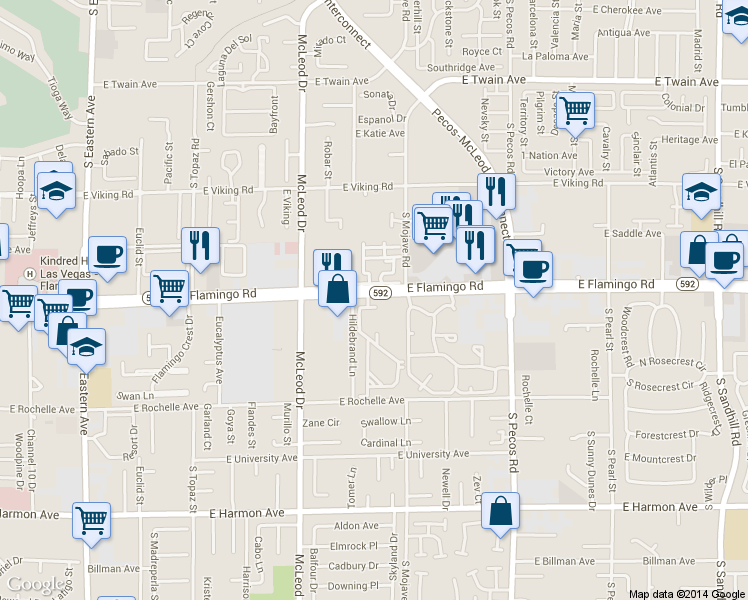 map of restaurants, bars, coffee shops, grocery stores, and more near 3194 East Flamingo Road in Las Vegas