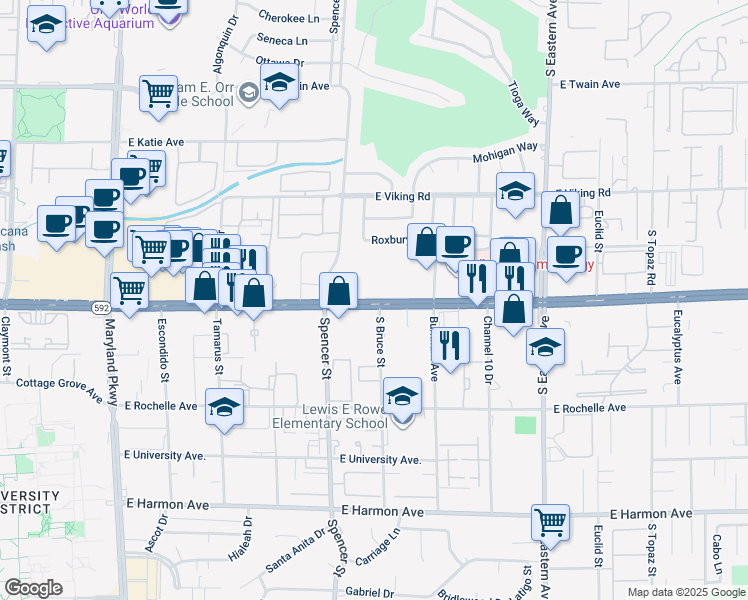 map of restaurants, bars, coffee shops, grocery stores, and more near S Bruce St in Las Vegas