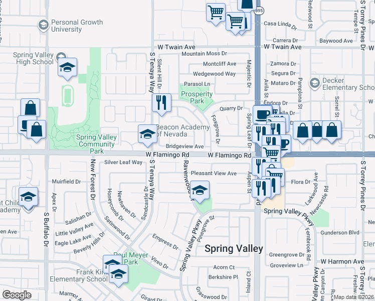 map of restaurants, bars, coffee shops, grocery stores, and more near 7253 Archcrest Avenue in Las Vegas