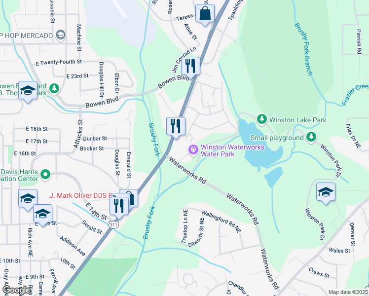 map of restaurants, bars, coffee shops, grocery stores, and more near 101-199 State Street in Winston-Salem