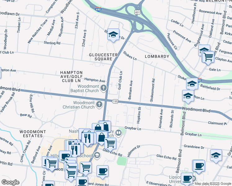 map of restaurants, bars, coffee shops, grocery stores, and more near 3447 Golf Club Lane in Nashville