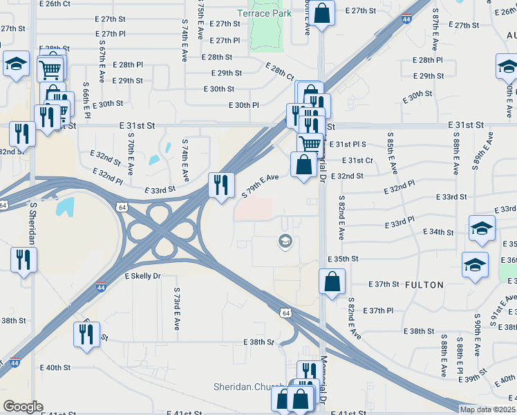 map of restaurants, bars, coffee shops, grocery stores, and more near 3217 S 79th E Ave in Tulsa