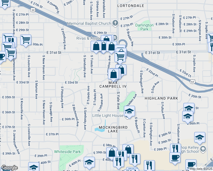 map of restaurants, bars, coffee shops, grocery stores, and more near 4812 East 33rd Street in Tulsa