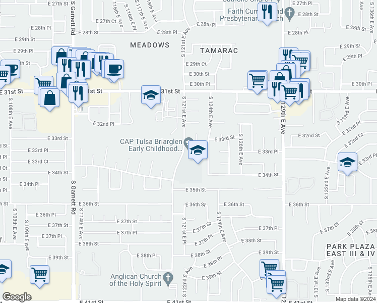 map of restaurants, bars, coffee shops, grocery stores, and more near 3303 South 121st East Avenue in Tulsa